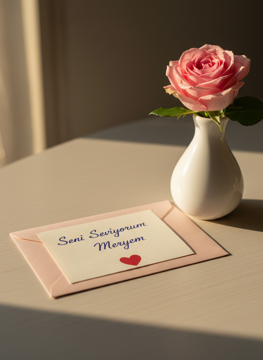A delicate handwritten love note reading “Seni Seviyorum Meryem” in flowing, deep-blue ink, carefully placed on a pale blush envelope with a small red heart sticker sealing the flap. The note rests on a light wooden desk beside a single white ceramic vase holding a soft pink rose in full bloom. Afternoon window light pours in from the left, creating gentle, warm highlights on the vase and subtle shadows across the paper fibers. The background softly blurs into neutral tones, emphasizing the romantic message. Photographic realism, eye-level composition with a shallow depth of field, conveying sincere affection, intimacy, and tenderness in a clean, modern aesthetic.