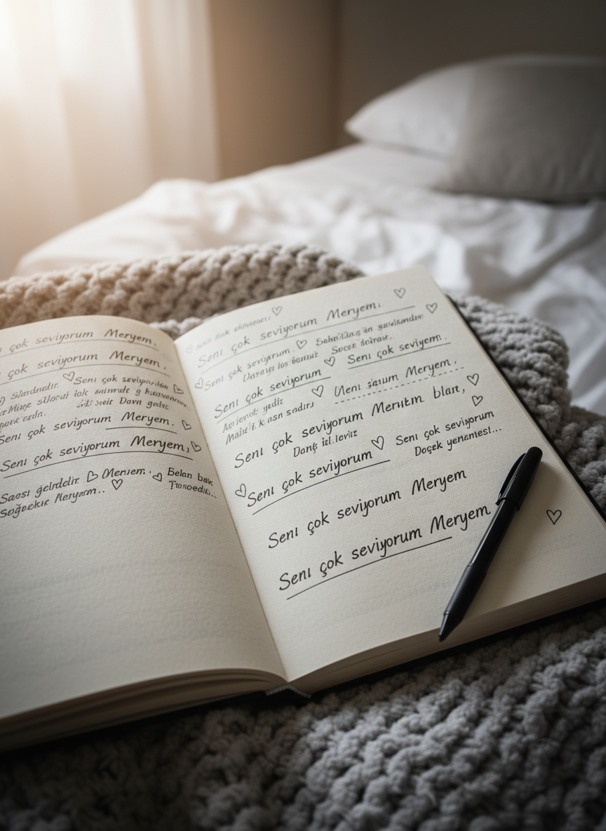 An open, ivory-colored hardcover journal with textured pages, displaying a page filled with neat, heartfelt sentences in Turkish, repeated phrases of “Seni çok seviyorum Meryem” in varying sizes, some underlined and circled with small doodled hearts. A fine-tip black pen lies diagonally across the bottom of the page. The journal rests on a cozy, light gray knitted blanket on a bed, with a soft-focus background of a neutral bedroom. Diffused morning light enters from a nearby window, creating a calm, gentle atmosphere. Photographic realism, shot from above, with subtle vignetting to draw attention to the written declarations of love.