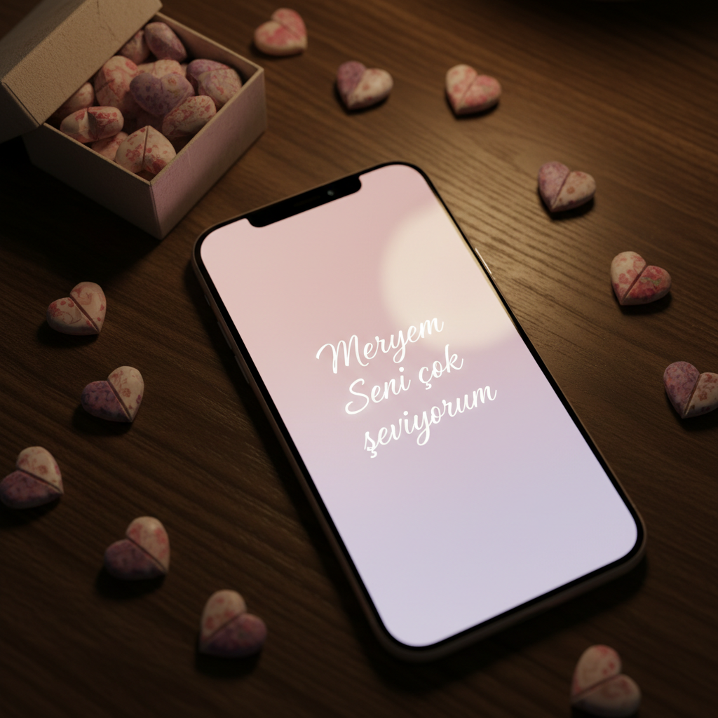 A glowing smartphone screen on a dark wooden table, displaying a minimalist, pastel-themed wallpaper that reads “Meryem Seni çok seviyorum” in elegant cursive over a soft gradient of blush pink and lavender. Around the phone, there are scattered tiny origami hearts made from patterned paper and a small open box of them in the corner of the frame. Dim, warm ambient lighting from a nearby lamp creates cozy reflections on the phone’s glass surface and gentle shadows around the hearts. Photographic style, slightly angled top-down shot, strong focus on the luminous message, evoking a modern, tech-savvy yet deeply emotional confession of love.
