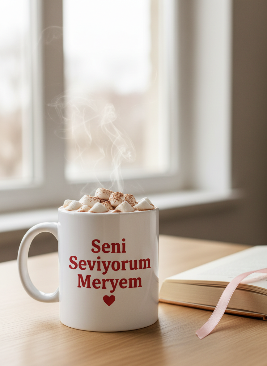 A clean, white ceramic mug printed with the words “Seni Seviyorum Meryem” in bold, deep-red lettering, with a tiny illustrated heart beneath the text. The mug is filled with steaming hot chocolate topped with carefully arranged mini marshmallows and a dusting of cocoa powder. It sits on a light oak table beside an open book with a soft pink bookmark peeking out. Soft, overcast window light from the background creates a serene, diffused glow and gentle steam trails from the mug. Photographic realism, eye-level composition with a shallow depth of field focusing on the mug, conveying warmth, comfort, and everyday affection expressed through a favorite drink.