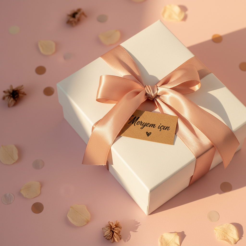 A simple, elegant white gift box wrapped with a satin ribbon in soft rose-gold, the bow carefully tied and slightly off-center. A small kraft paper tag attached to the ribbon reads “Meryem için” in graceful, handwritten script with a tiny heart underneath. The box sits on a smooth pastel pink surface surrounded by delicate dried flower petals and a few shimmering confetti pieces. Warm golden hour light from the right adds a gentle glow and soft shadows, creating a dreamy, photographic scene. Shot from a slightly elevated angle with the gift box aligned on the rule of thirds, the mood is romantic, hopeful, and celebratory.
